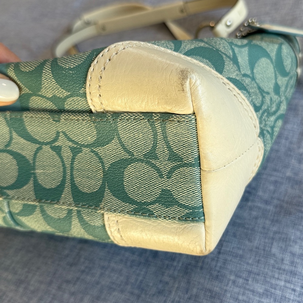 Coach Teal Signature Stripe Tote with Ivory Trim - Picture 12 of 15